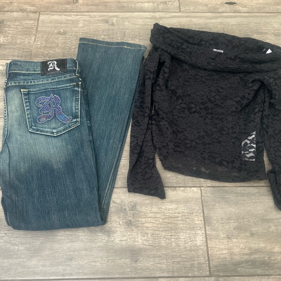 Y2K Bling Bundle: R&R Rhinestone Flare Jeans + NWT Hollister Blouse - Picture 2 of 9